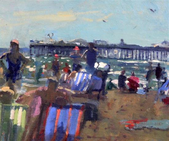 Bo Hilton, NEAC (b. 1961) Pavilion Pier & Red and Blue Sails, 10 x 12in.